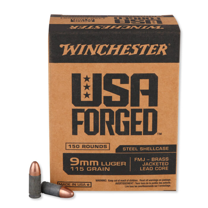Winchester USA Forged 9mm Luger Ammunition 150 Rounds Steel Case FMJ 115 Grains Projectile 1190 fps