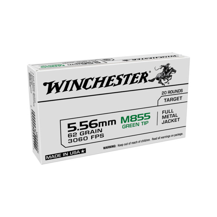 Winchester 5.56 NATO M855 Ammunition 62 Grains SS109 FMJ Green Tip 3060 fps 20 Rounds per Box USA855K