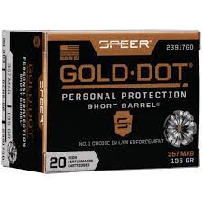 Speer Gold Dot Short Barrel Personal Protection .357 Mag Ammunition 20 Rounds 135 Grain GDHP 990fps