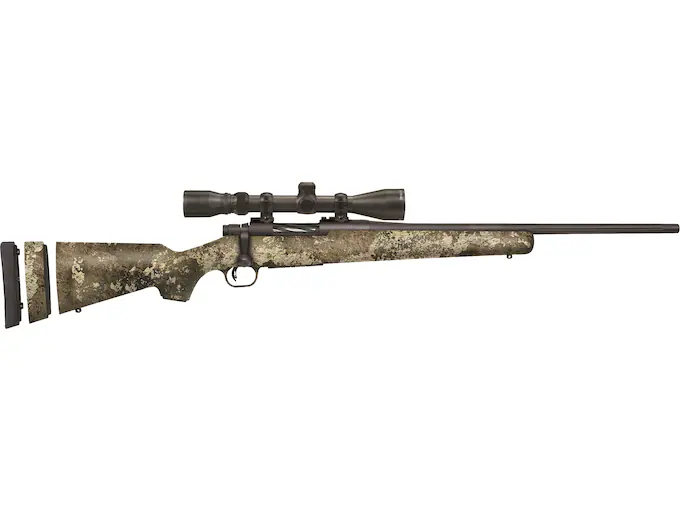 Mossberg Patriot Bolt Action Youth Centerfire Rifle 243 Winchester 20" Fluted Barrel Matte Blue and Strata Camo Straight Grip With Scope